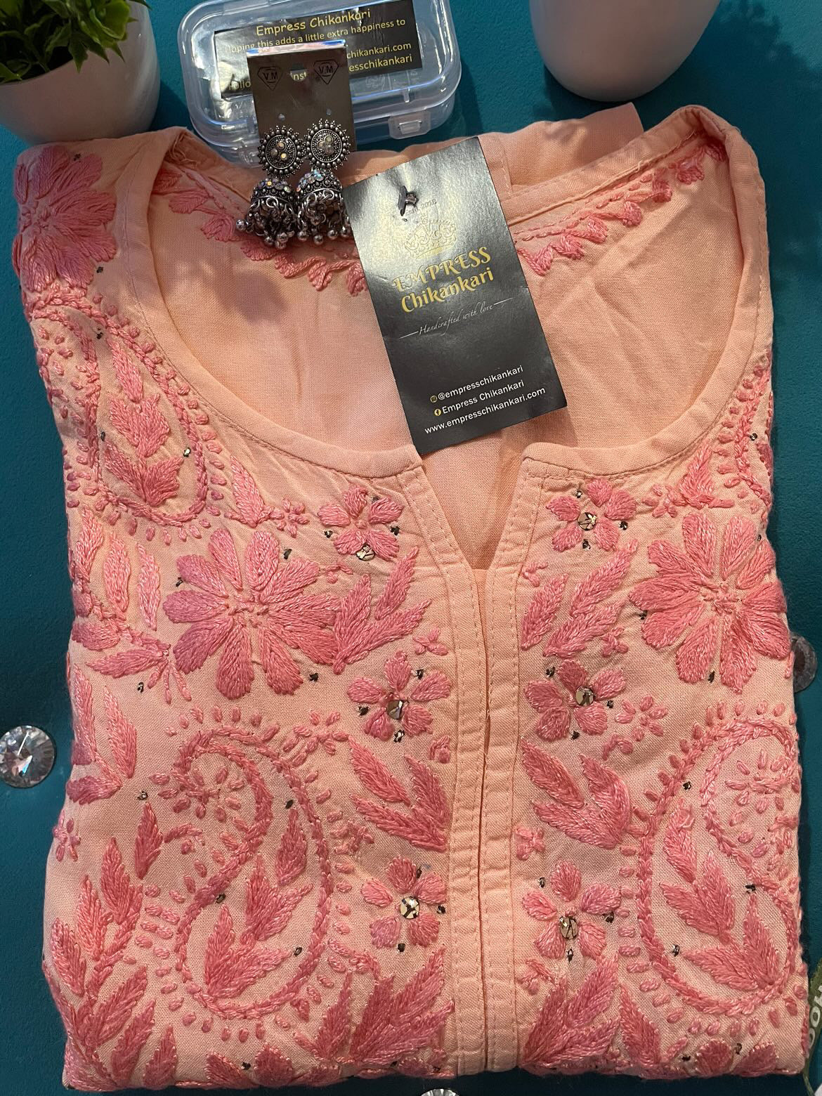 Peach Rayon Kurta with Self Chikankari & Mukesh Work