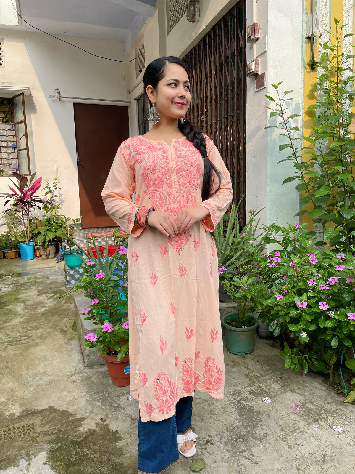 Peach Rayon Kurta with Self Chikankari & Mukesh Work