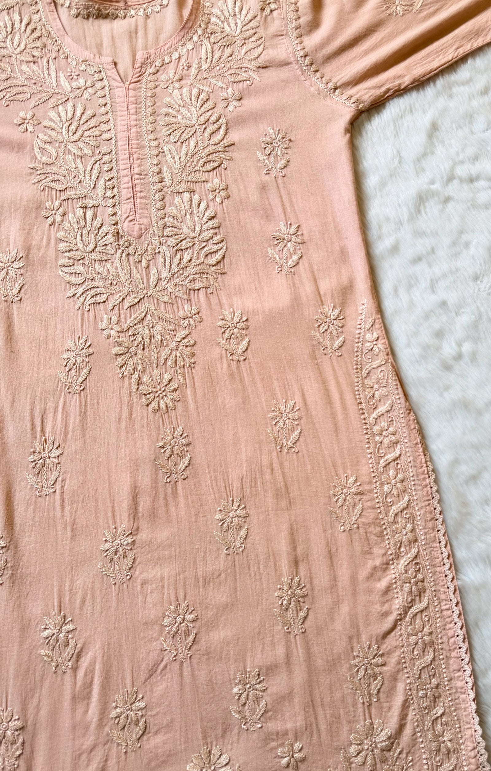 Afra Cashmere Colour Long MulMul Chikankari & Crochet Lace Kurti