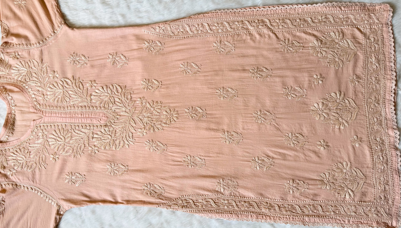 Afra Cashmere Colour Long MulMul Chikankari & Crochet Lace Kurti