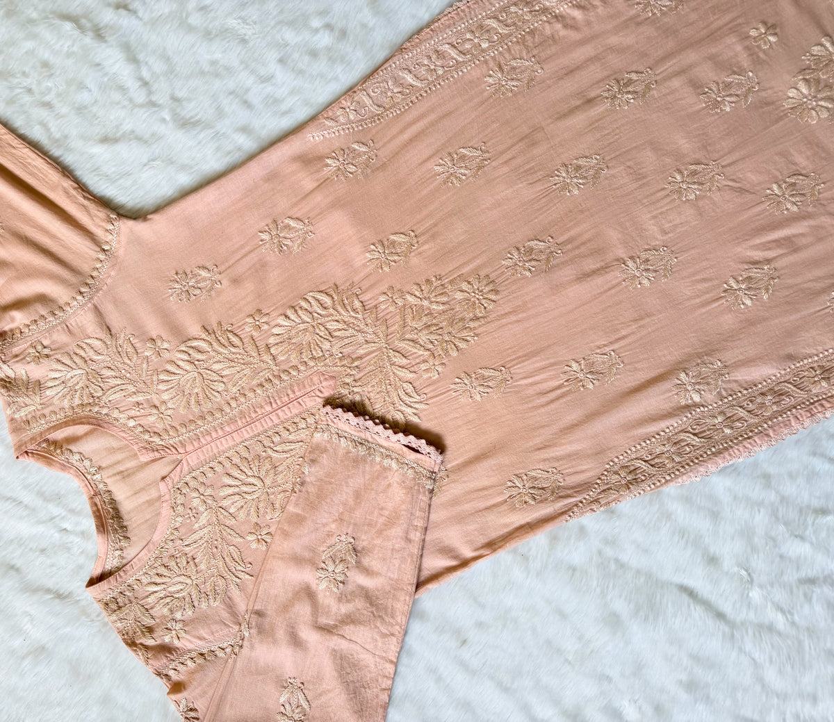 Afra Cashmere Colour Long MulMul Chikankari & Crochet Lace Kurti
