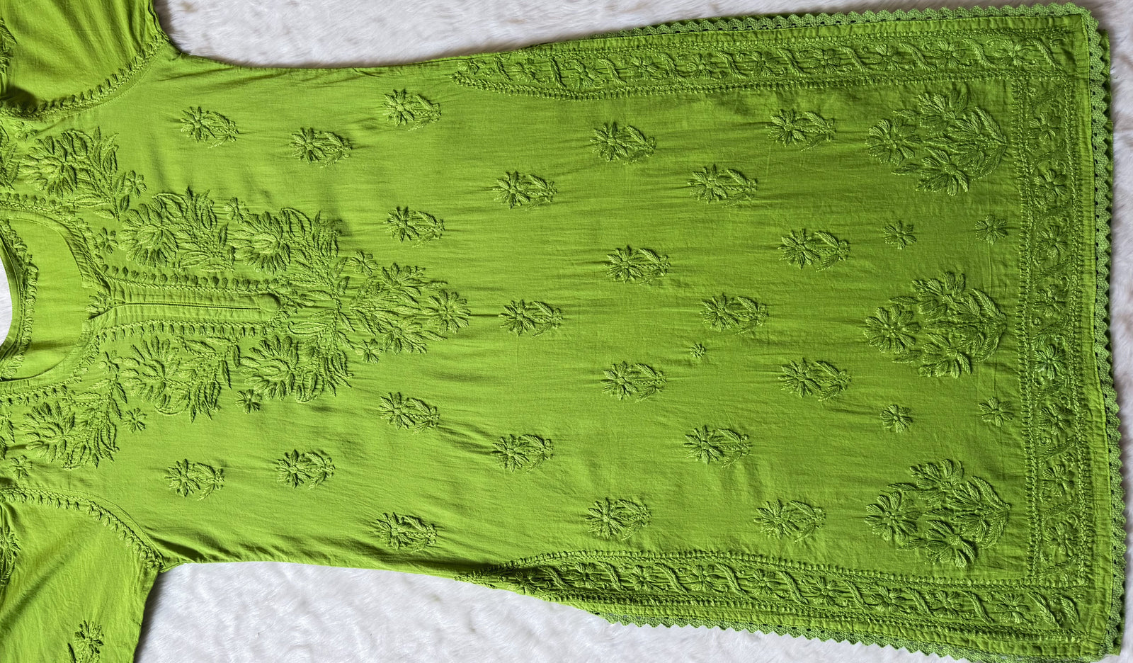 Afra Green Long MulMul Chikankari & Crochet Lace Kurti