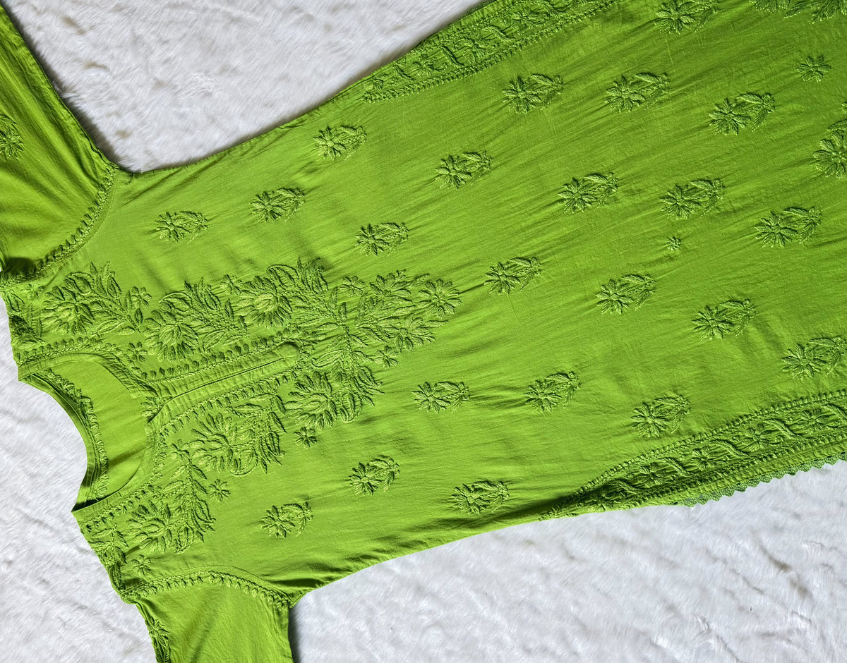 Afra Green Long MulMul Chikankari & Crochet Lace Kurti