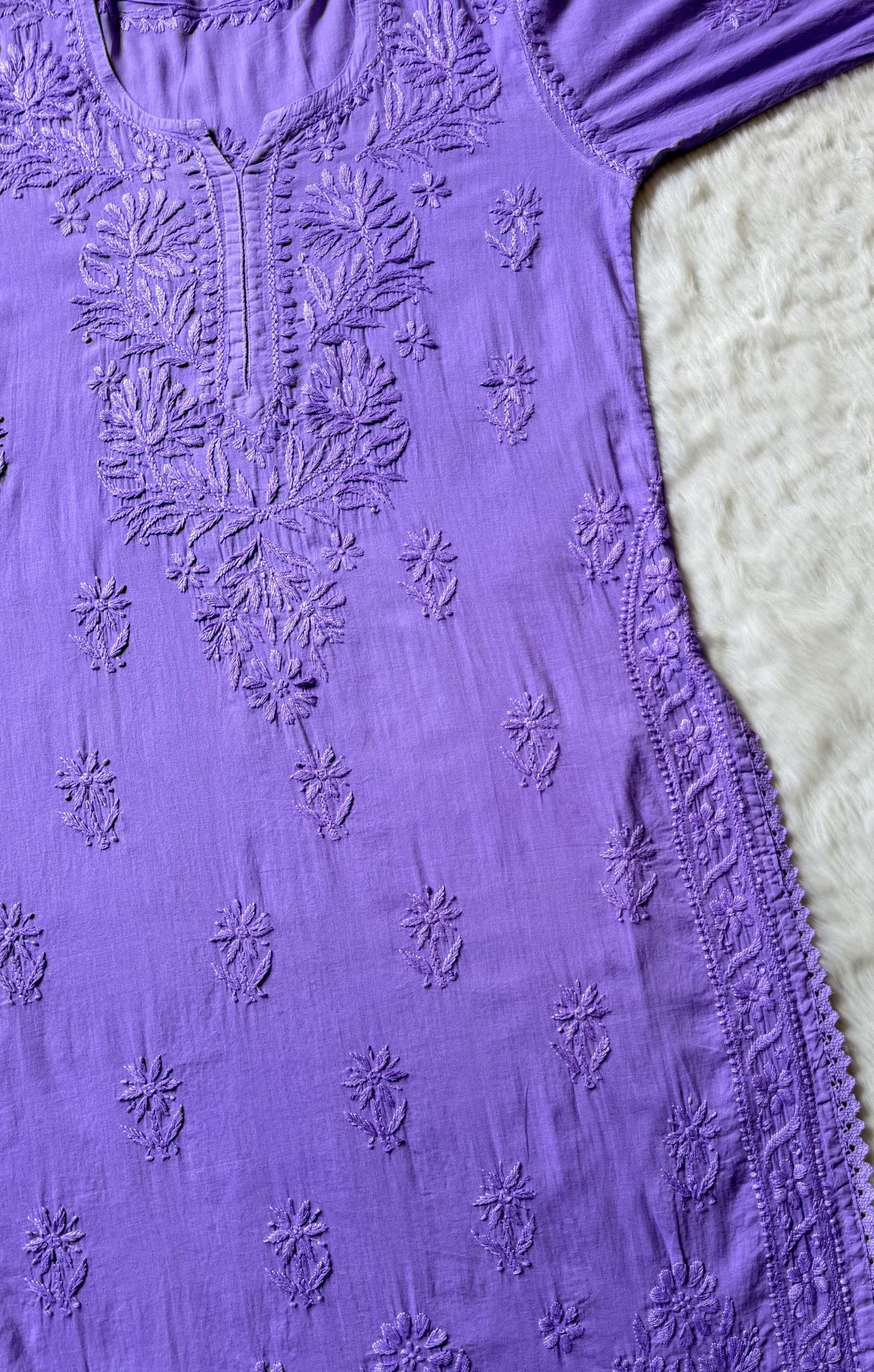 Afra Lavender Long MulMul Chikankari & Crochet Lace Kurti