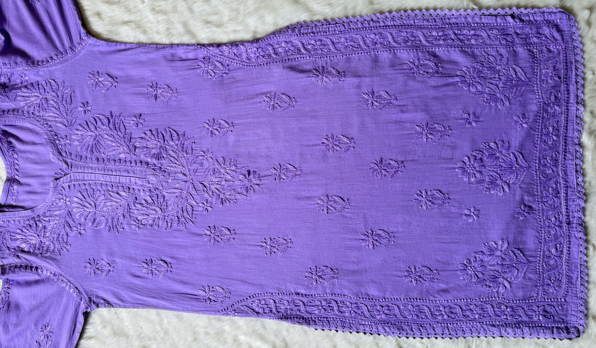 Afra Lavender Long MulMul Chikankari & Crochet Lace Kurti