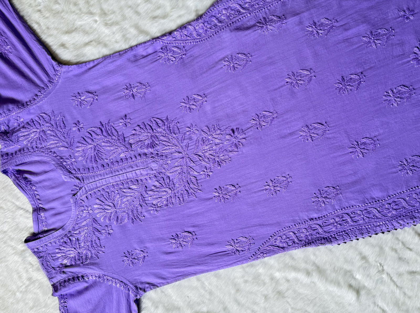 Afra Lavender Long MulMul Chikankari & Crochet Lace Kurti