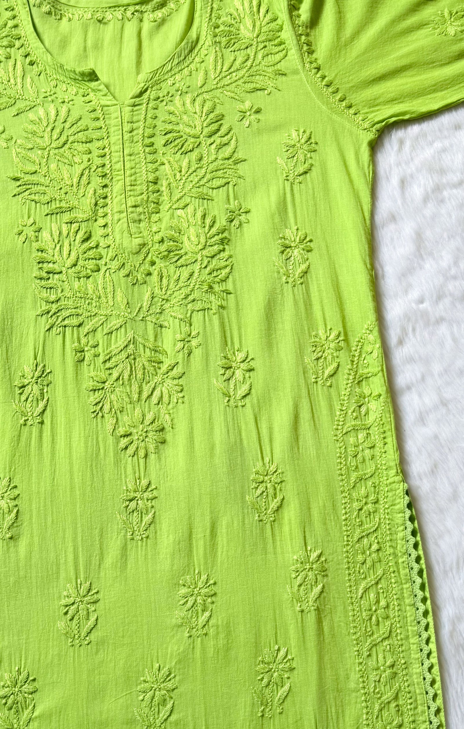 Afra Lime Long MulMul Chikankari & Crochet Lace Kurti