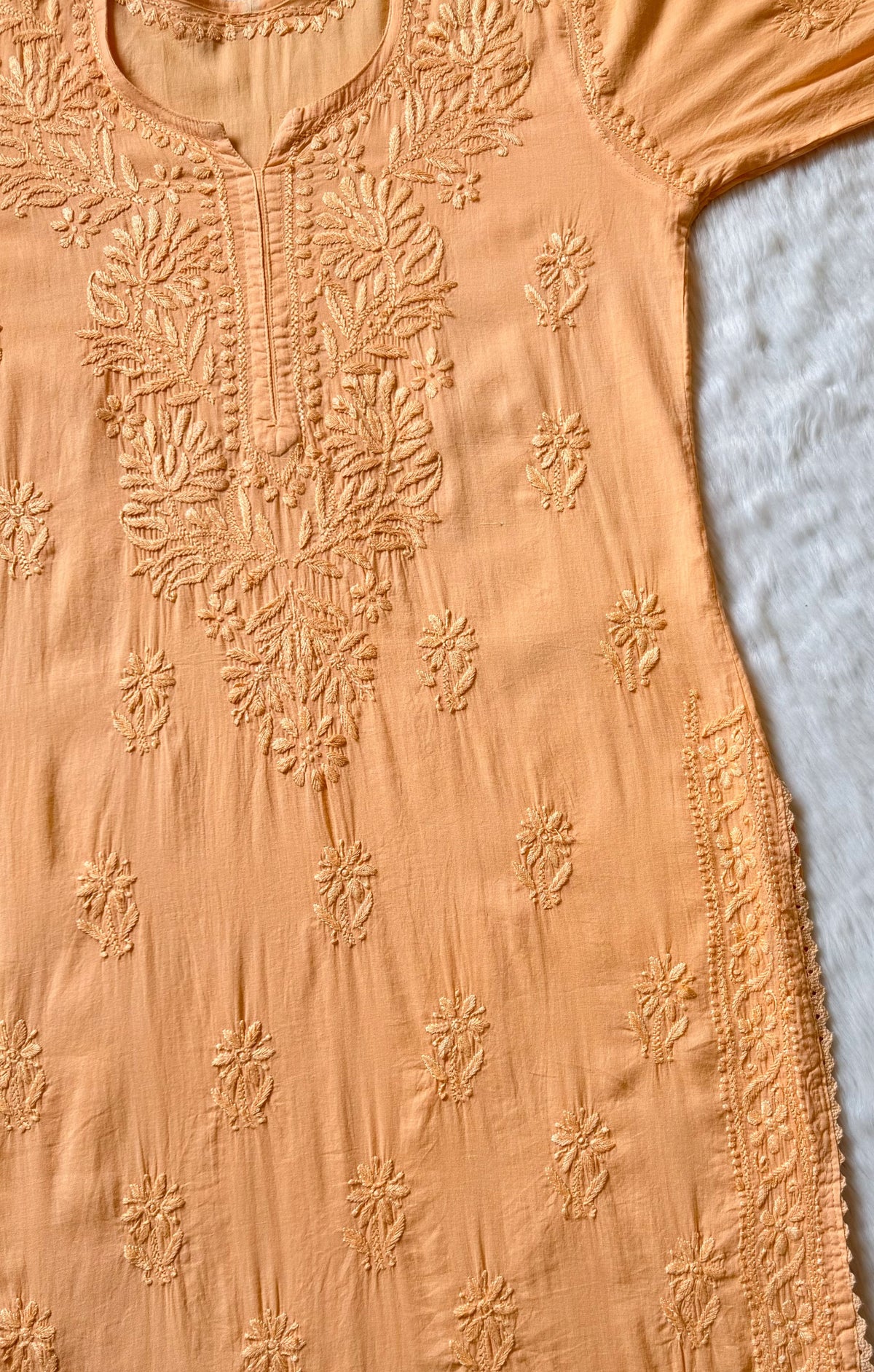 Afra Peach Long MulMul Chikankari &amp; Crochet Lace Kurti