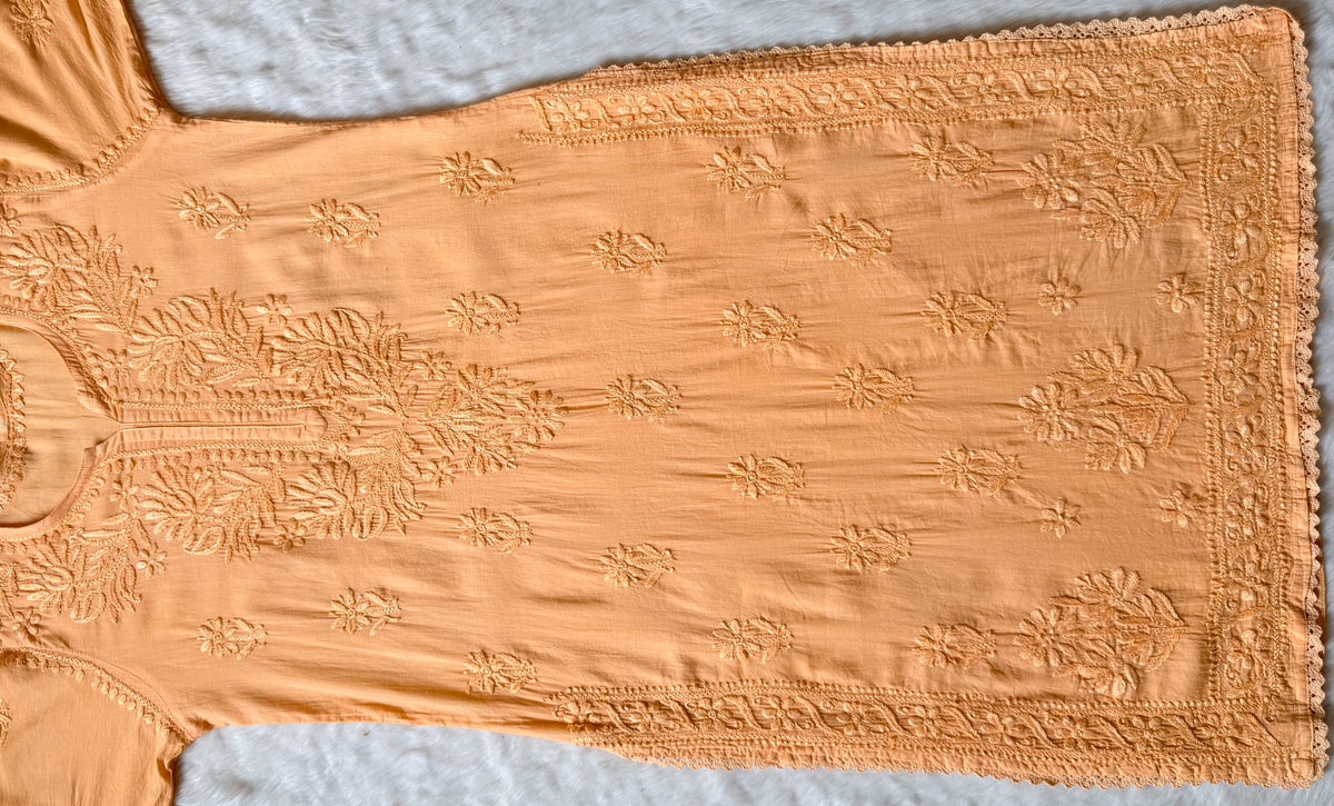 Afra Peach Long MulMul Chikankari & Crochet Lace Kurti