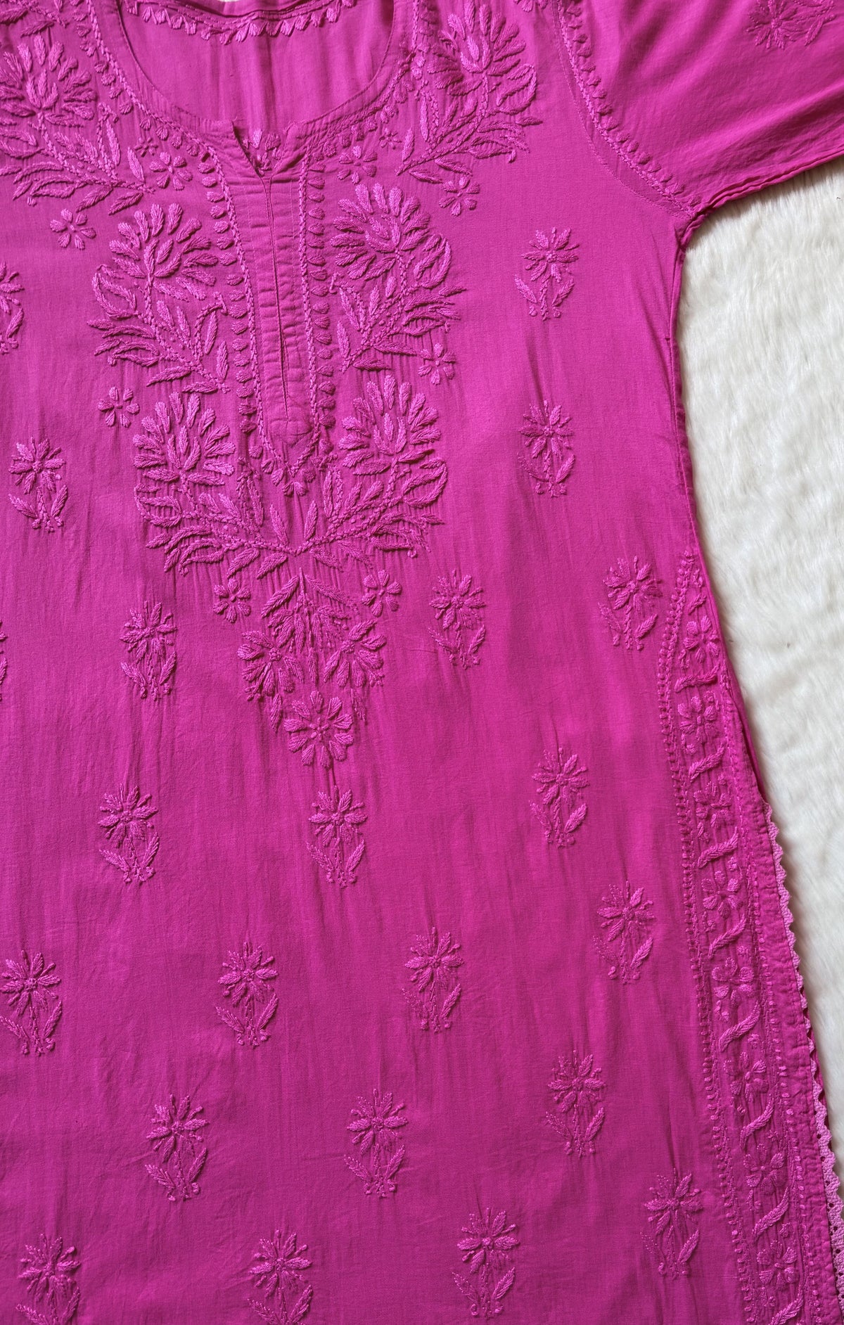 Afra Pink Long MulMul Chikankari &amp; Crochet Lace Kurti 