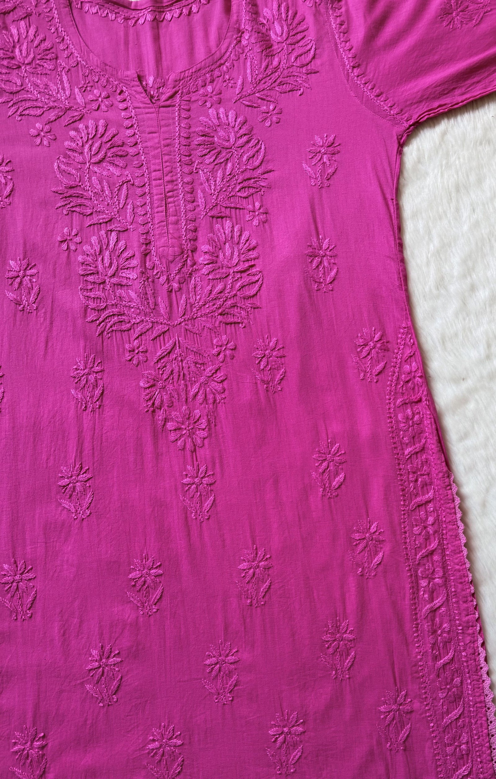 Afra Pink Long MulMul Chikankari & Crochet Lace Kurti 