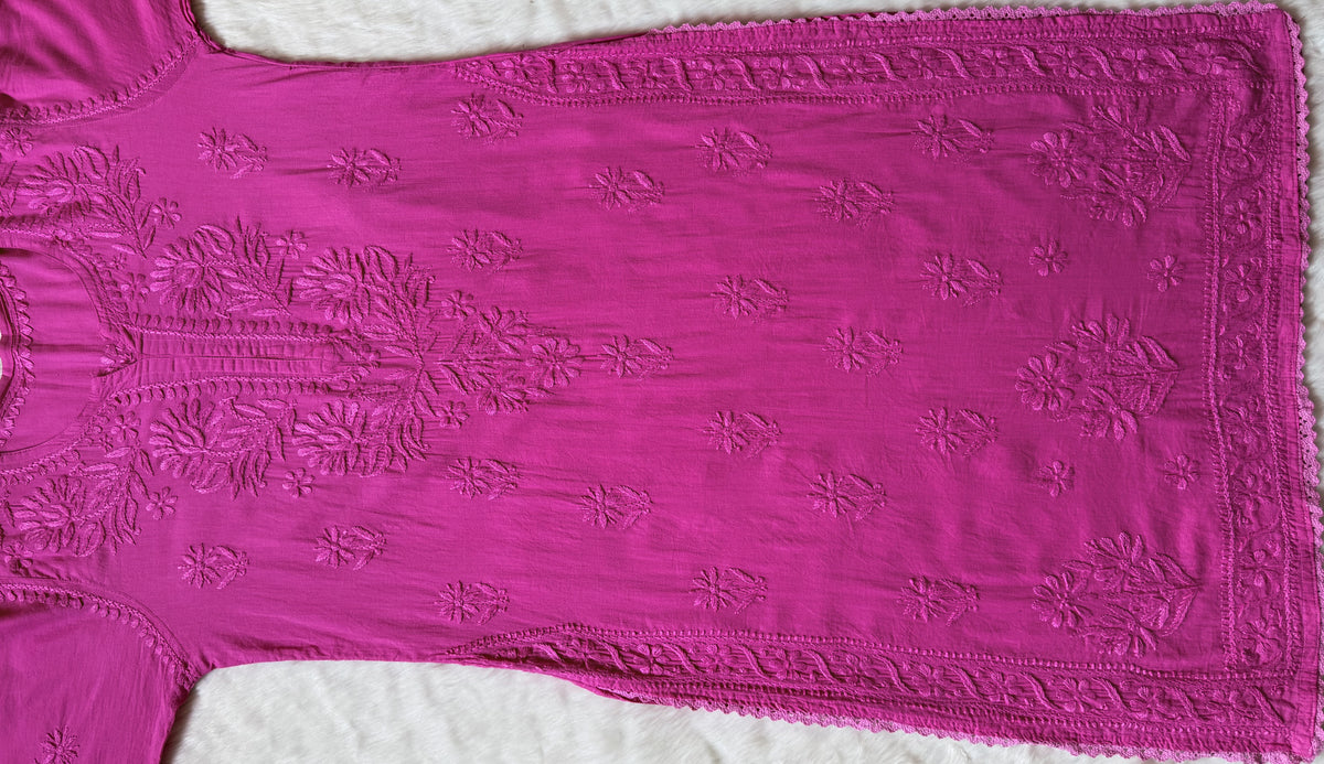 Afra Pink Long MulMul Chikankari & Crochet Lace Kurti 