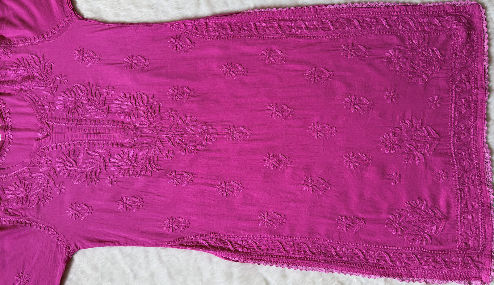 Afra Pink Long MulMul Chikankari & Crochet Lace Kurti 