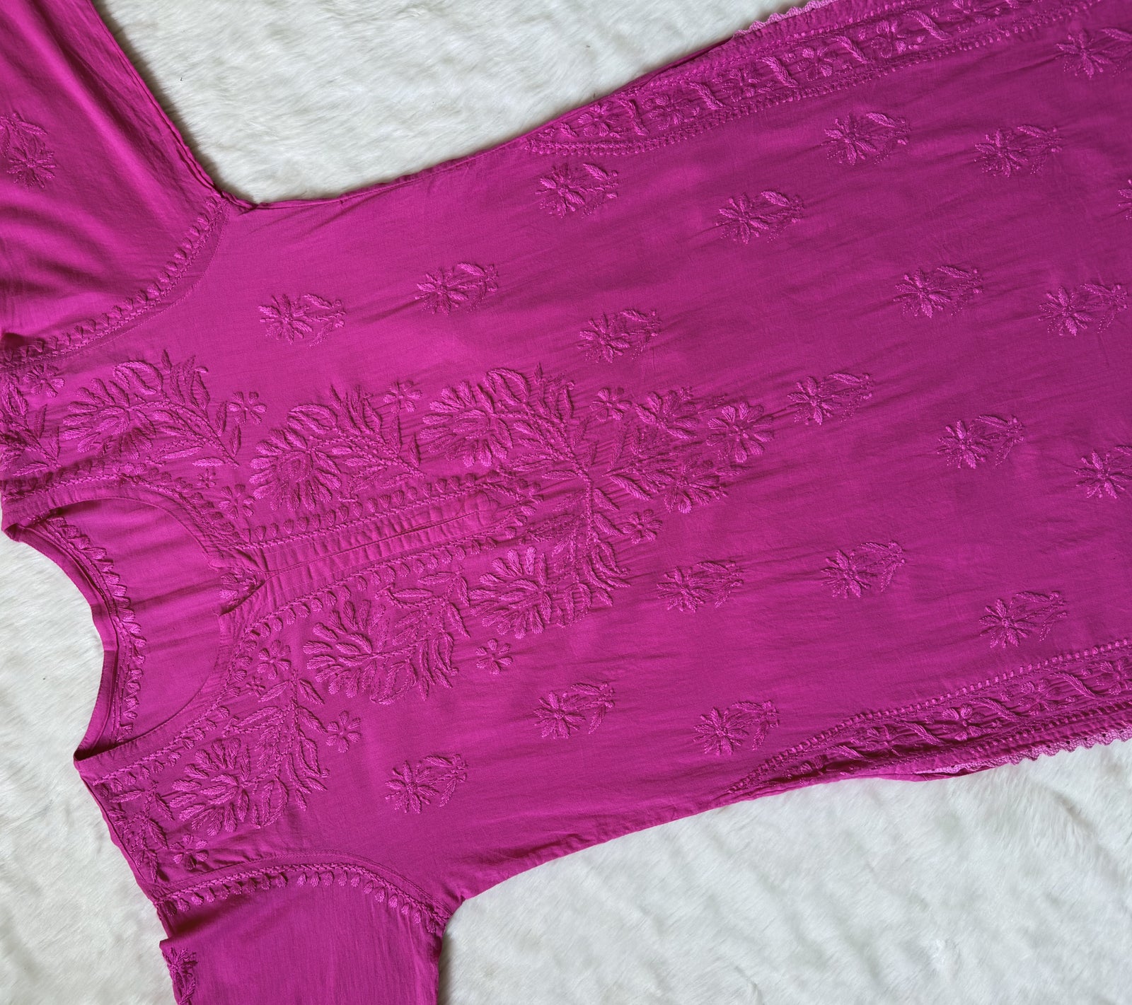 Afra Pink Long MulMul Chikankari & Crochet Lace Kurti 