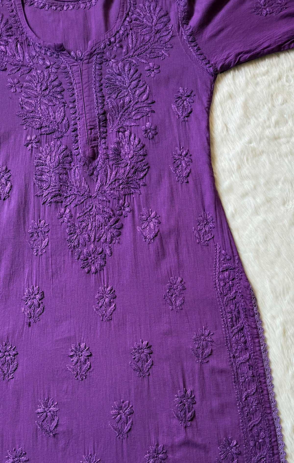 Afra Purple Long MulMul Chikankari &amp; Crochet Lace Kurti