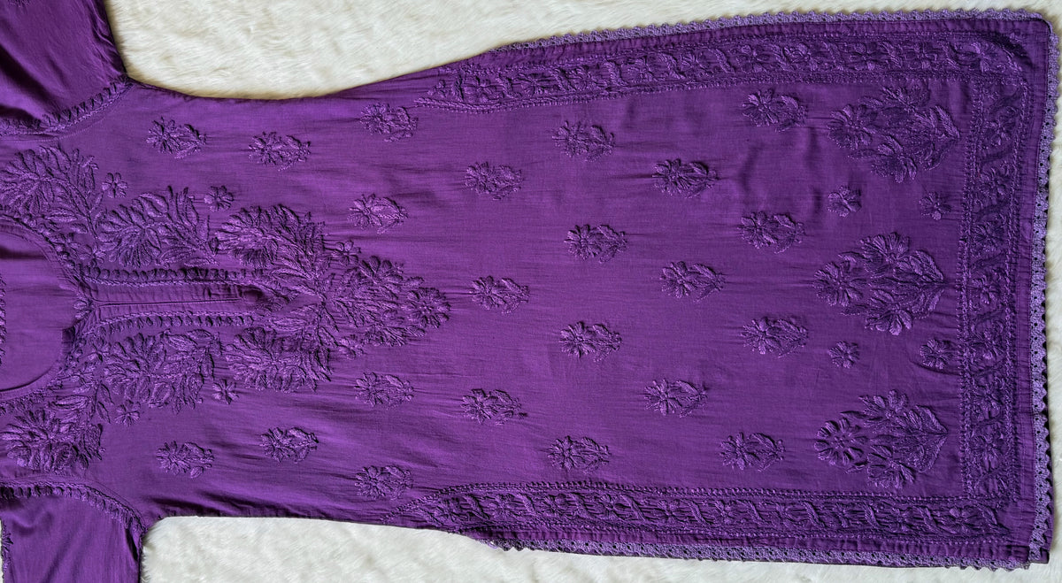 Afra Purple Long MulMul Chikankari & Crochet Lace Kurti