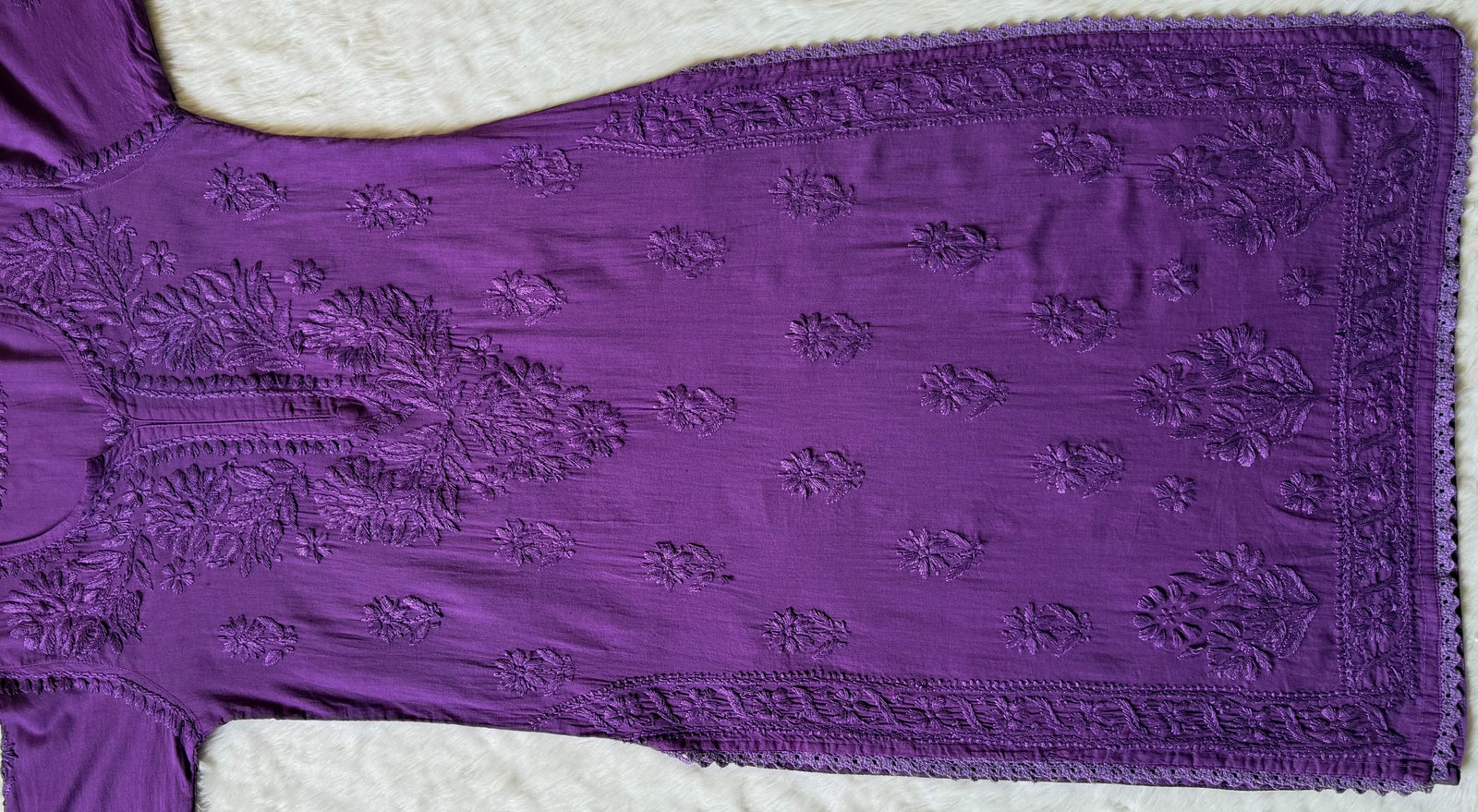 Afra Purple Long MulMul Chikankari & Crochet Lace Kurti