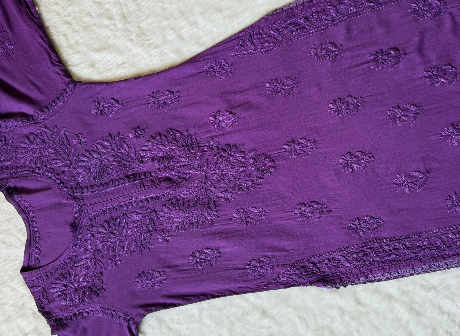Afra Purple Long MulMul Chikankari & Crochet Lace Kurti