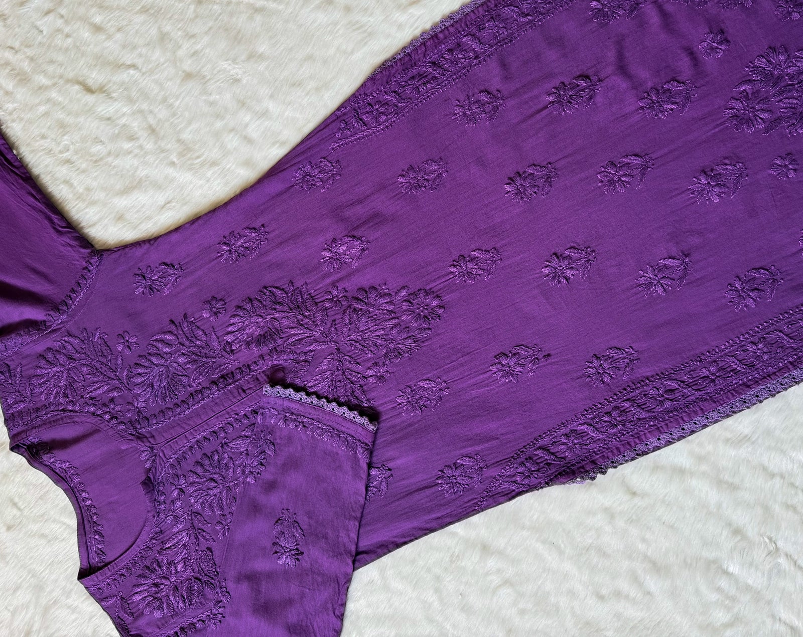 Afra Purple Long MulMul Chikankari & Crochet Lace Kurti