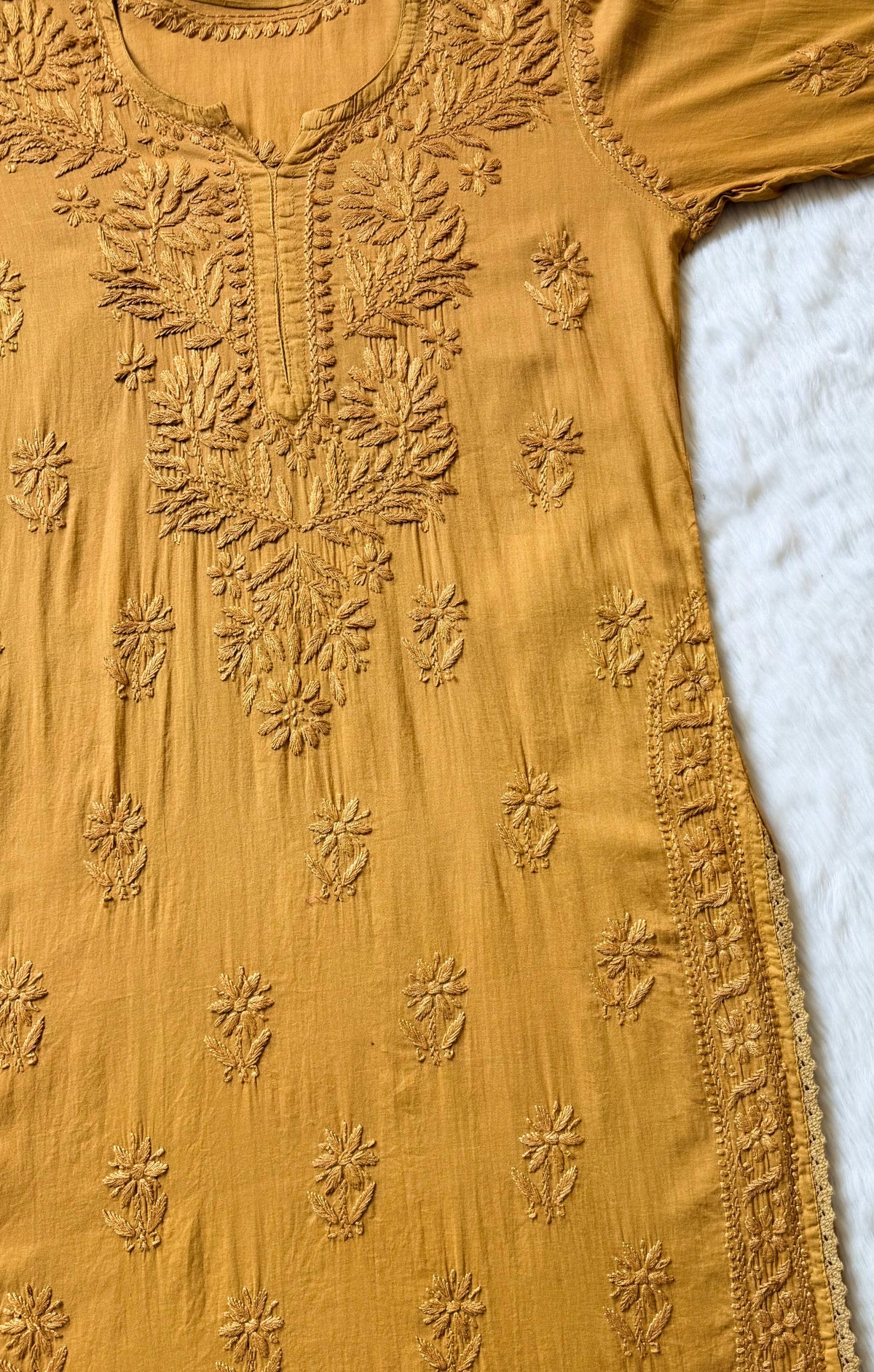 Afra Tan Colour Long MulMul Chikankari &amp; Crochet Lace Kurti