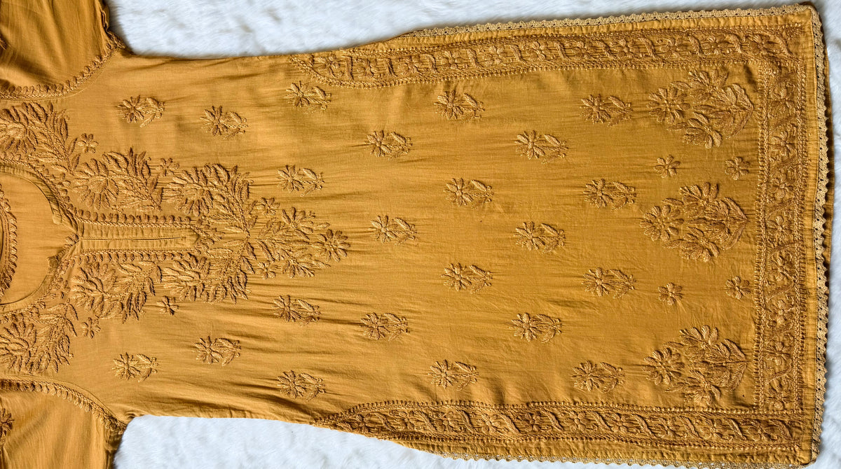 Afra Tan Colour Long MulMul Chikankari & Crochet Lace Kurti