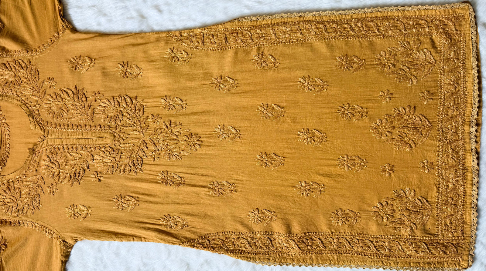 Afra Tan Colour Long MulMul Chikankari & Crochet Lace Kurti