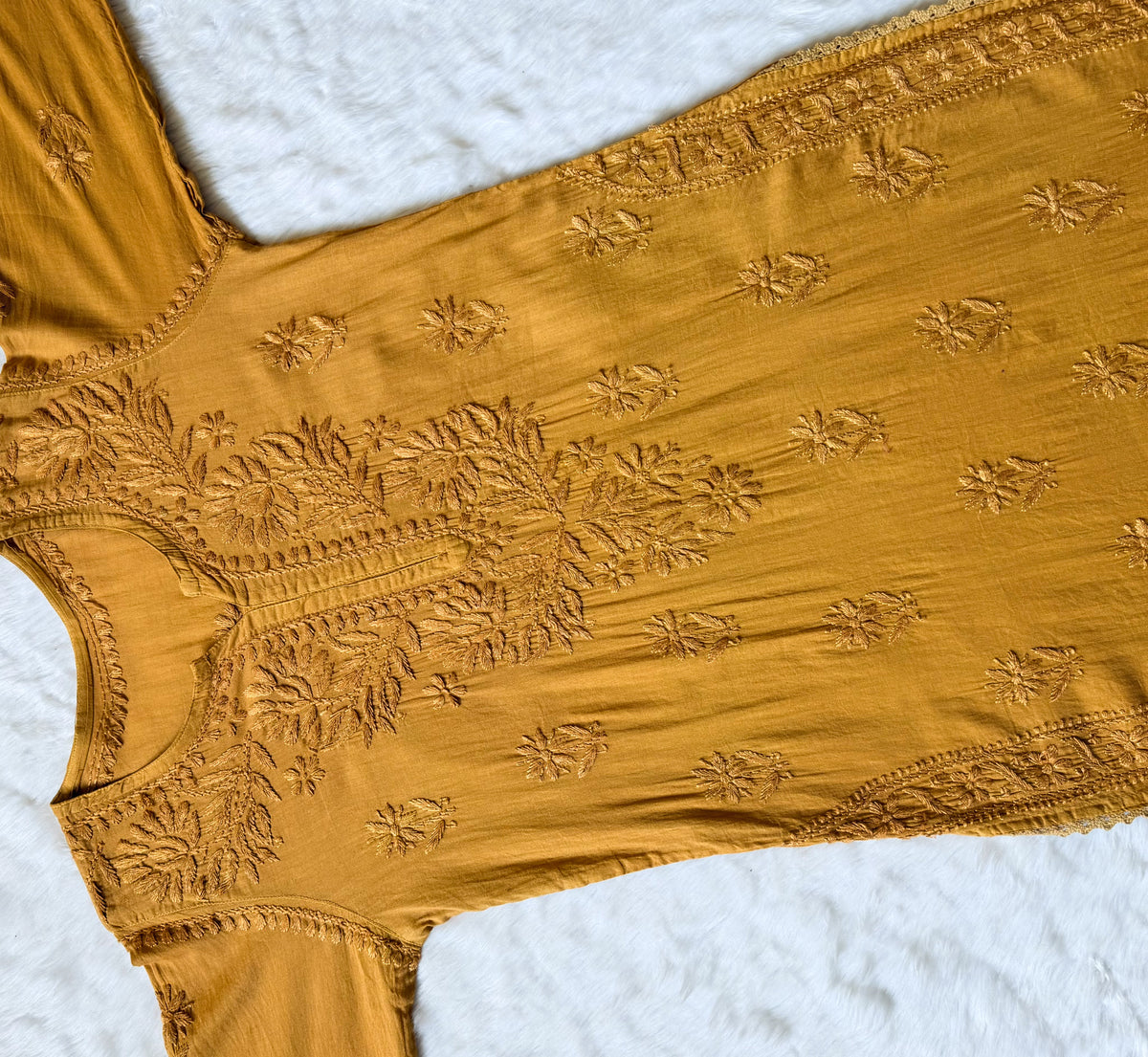 Afra Tan Colour Long MulMul Chikankari & Crochet Lace Kurti