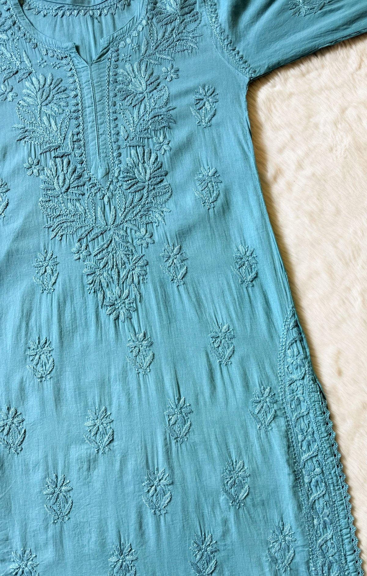 Afra Turquoise Long MulMul Chikankari &amp; Crochet Lace Kurti