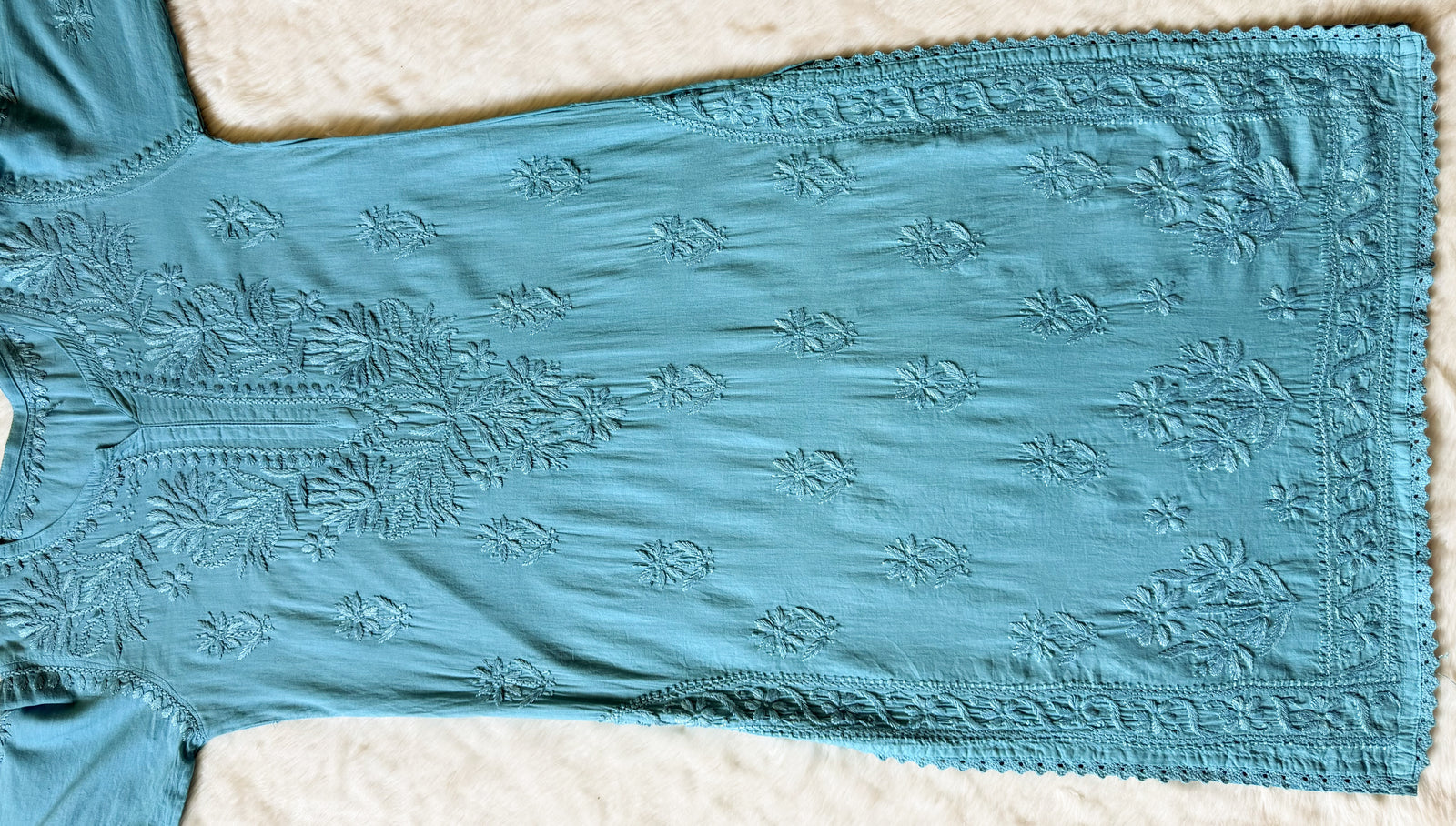 Afra Turquoise Long MulMul Chikankari & Crochet Lace Kurti