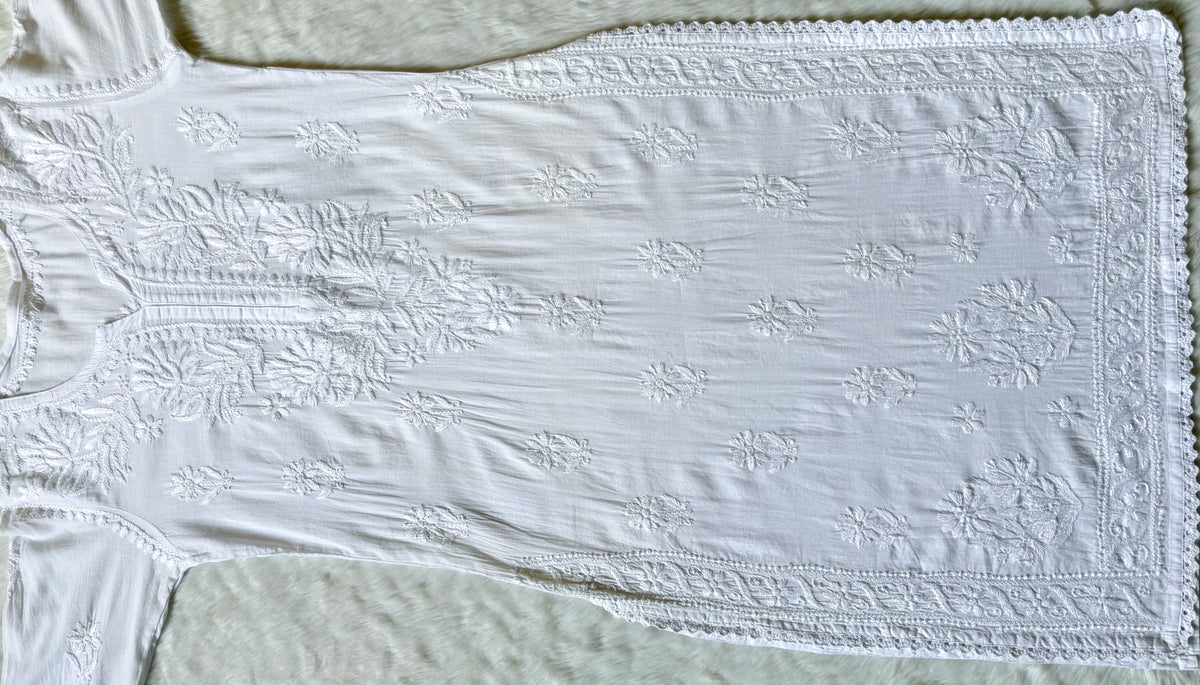 Afra White Long MulMul Chikankari & Crochet Lace Kurti