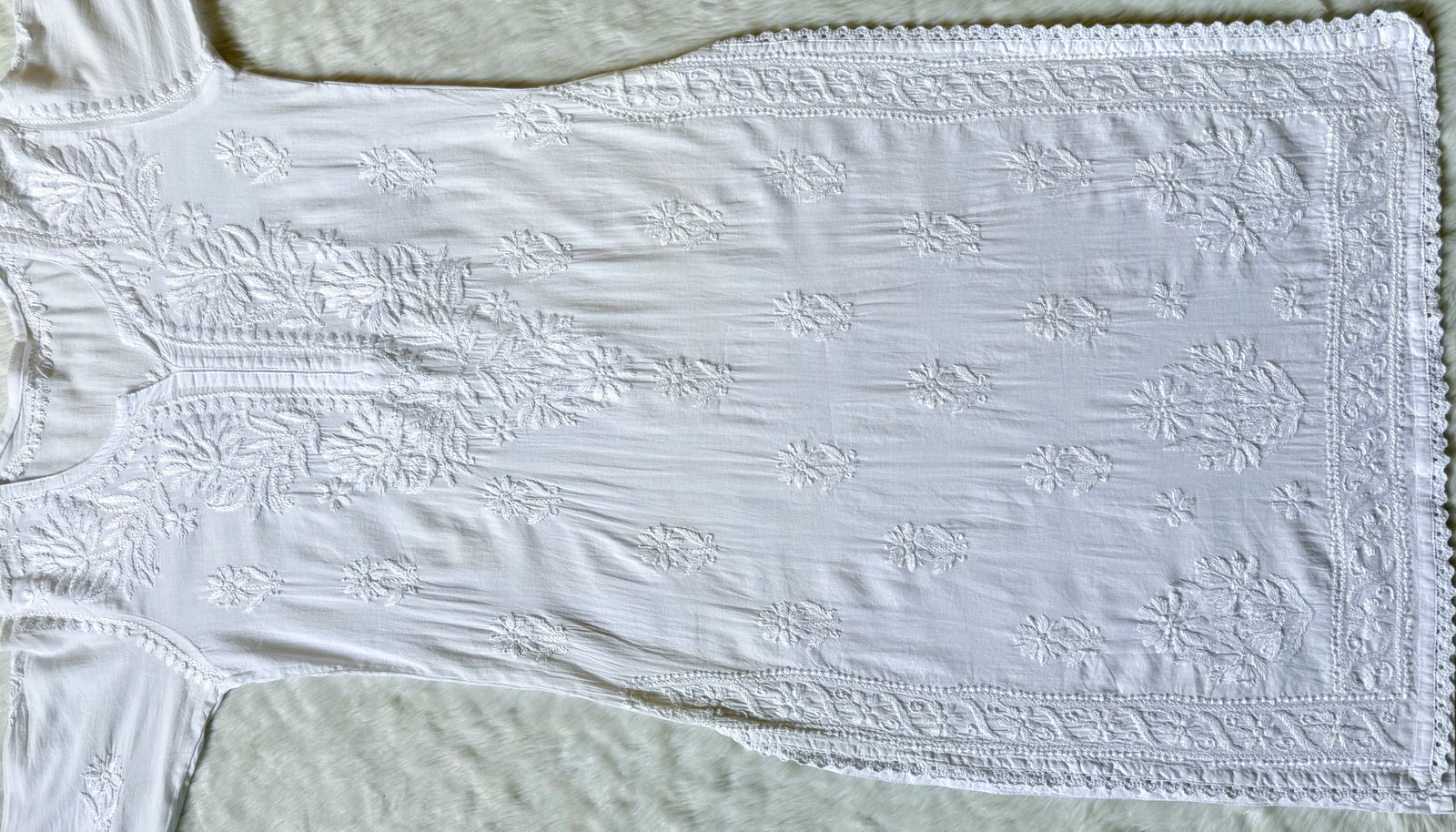 Afra White Long MulMul Chikankari & Crochet Lace Kurti