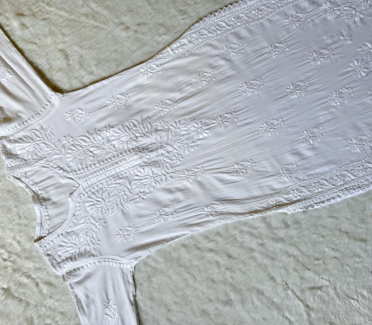 Afra White Long MulMul Chikankari & Crochet Lace Kurti