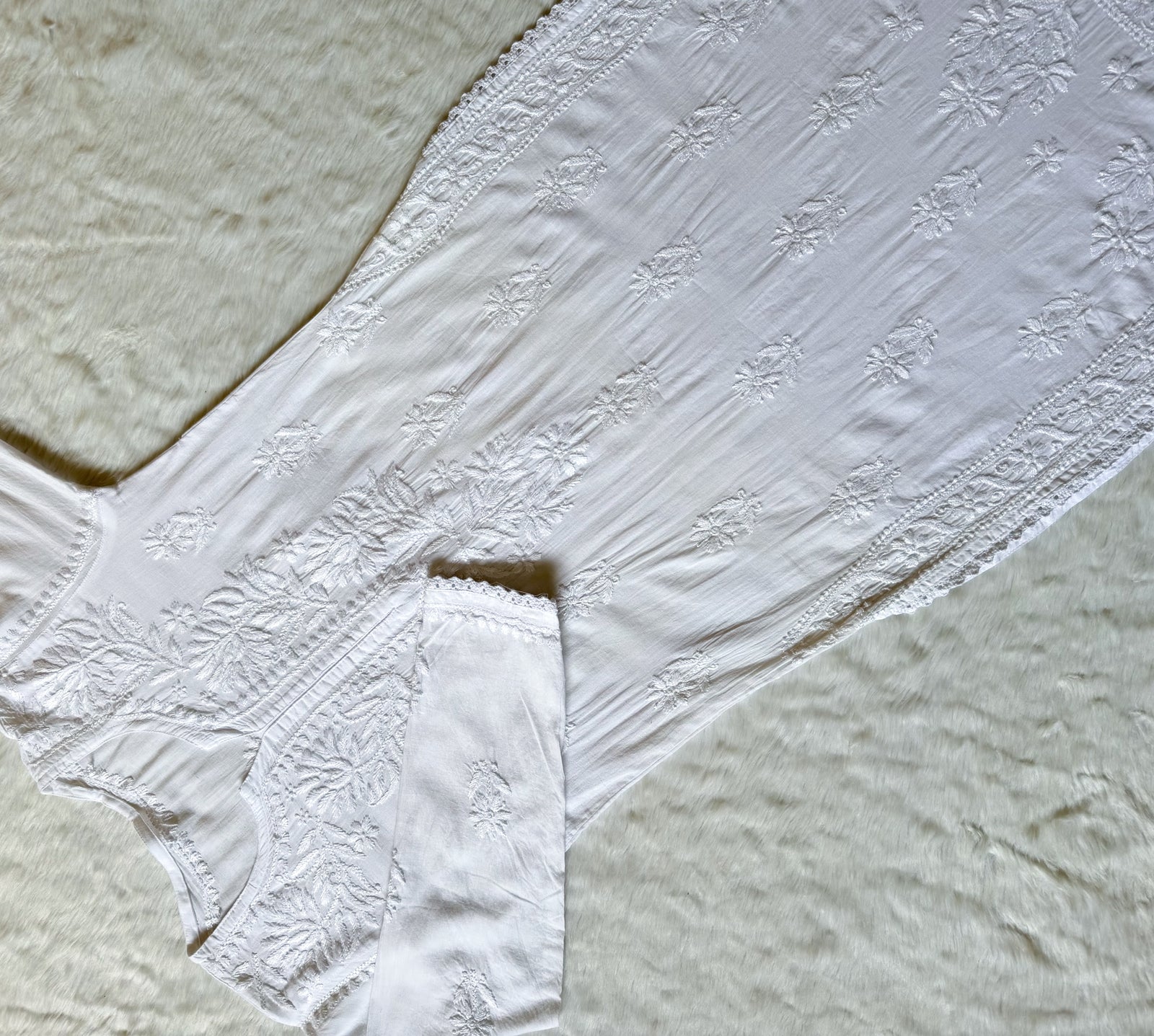 Afra White Long MulMul Chikankari & Crochet Lace Kurti