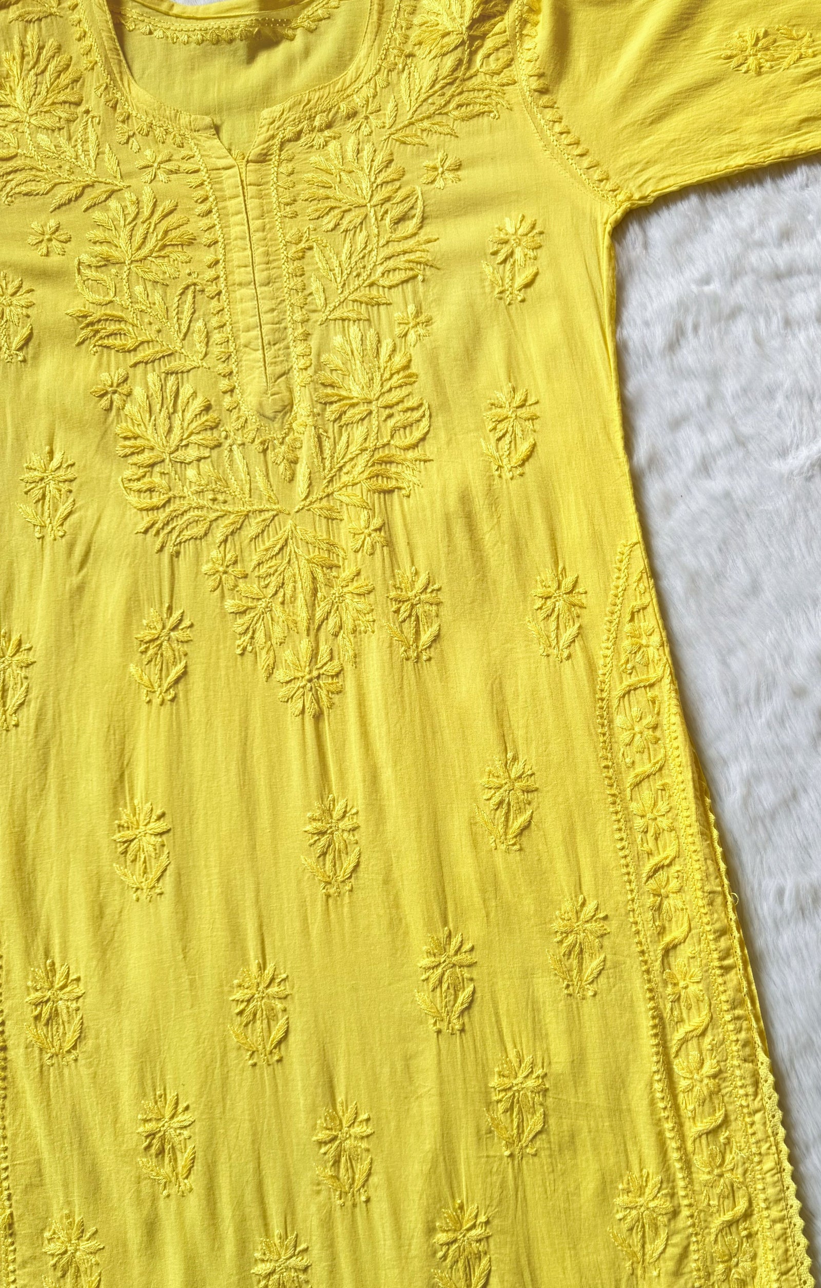 Afra Yellow Long MulMul Chikankari & Crochet Lace Kurti