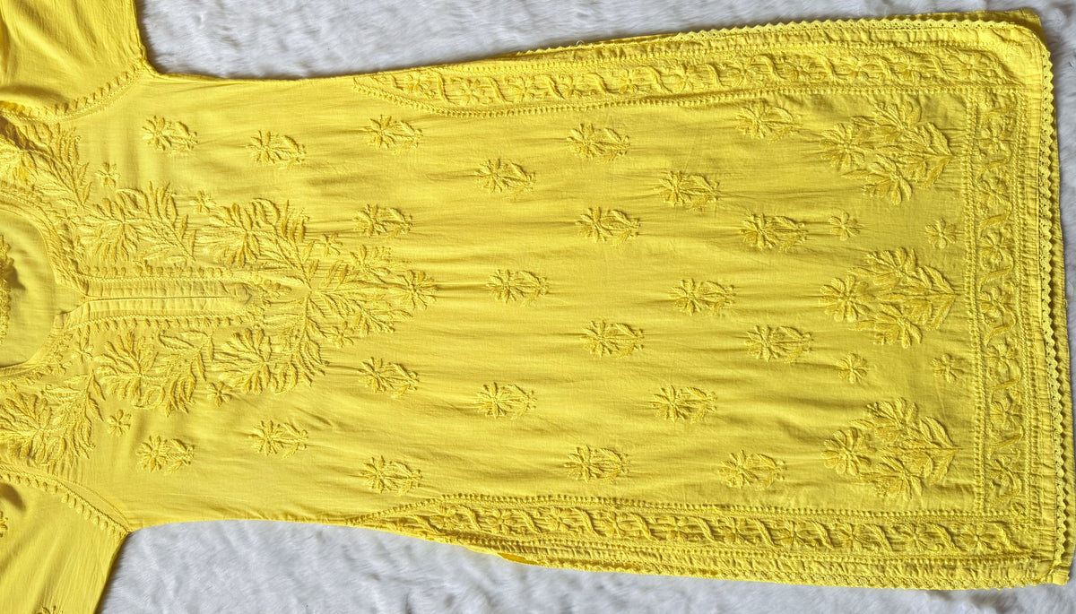 Afra Yellow Long MulMul Chikankari & Crochet Lace Kurti