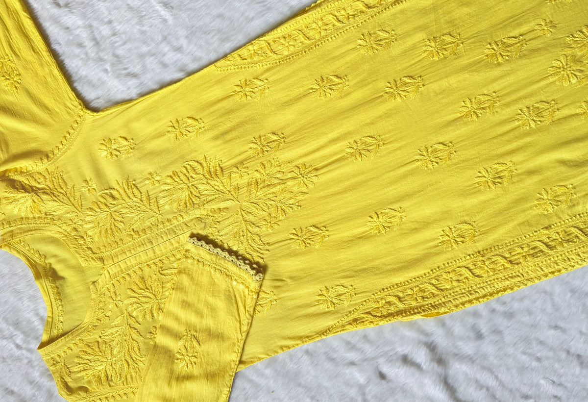 Afra Yellow Long MulMul Chikankari & Crochet Lace Kurti