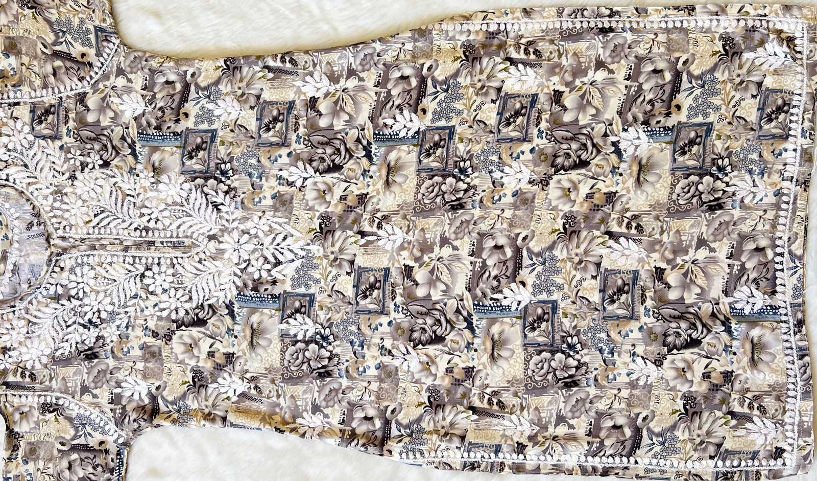 Aiza Grey Printed Rayon Kurta with White Chikankari
