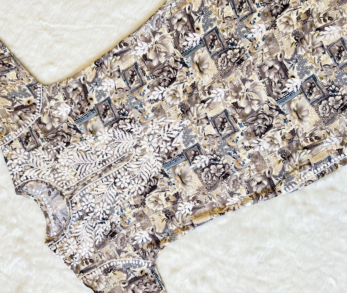 Aiza Grey Printed Rayon Kurta with White Chikankari