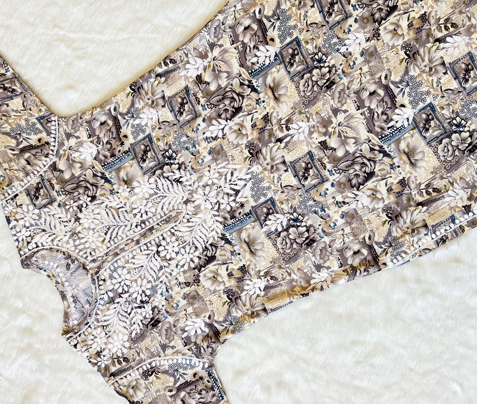 Aiza Grey Printed Rayon Kurta with White Chikankari