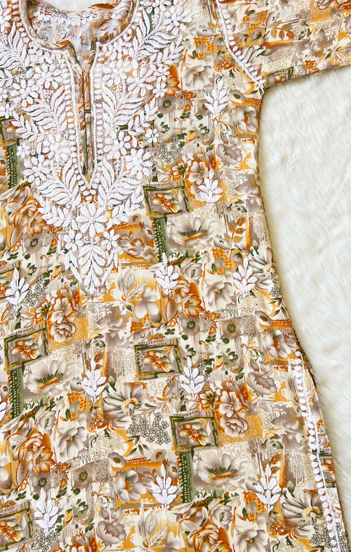 Aiza Mustard Printed Rayon Kurta with White Chikankari