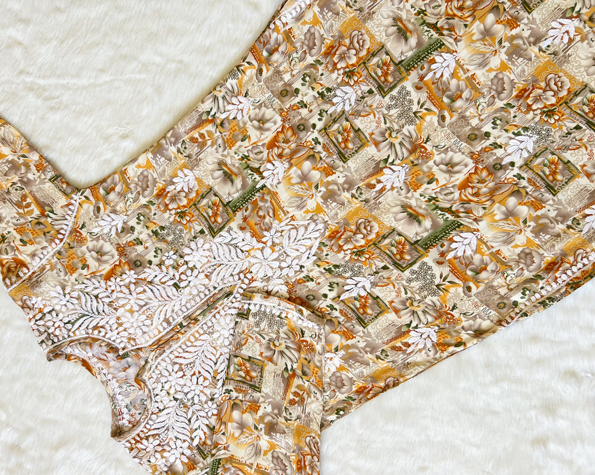 Aiza Mustard Printed Rayon Kurta with White Chikankari