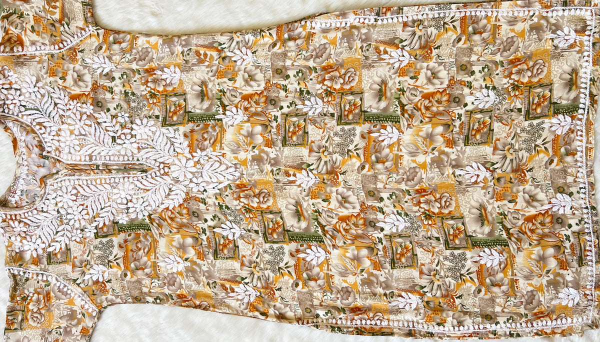 Aiza Mustard Printed Rayon Kurta with White Chikankari