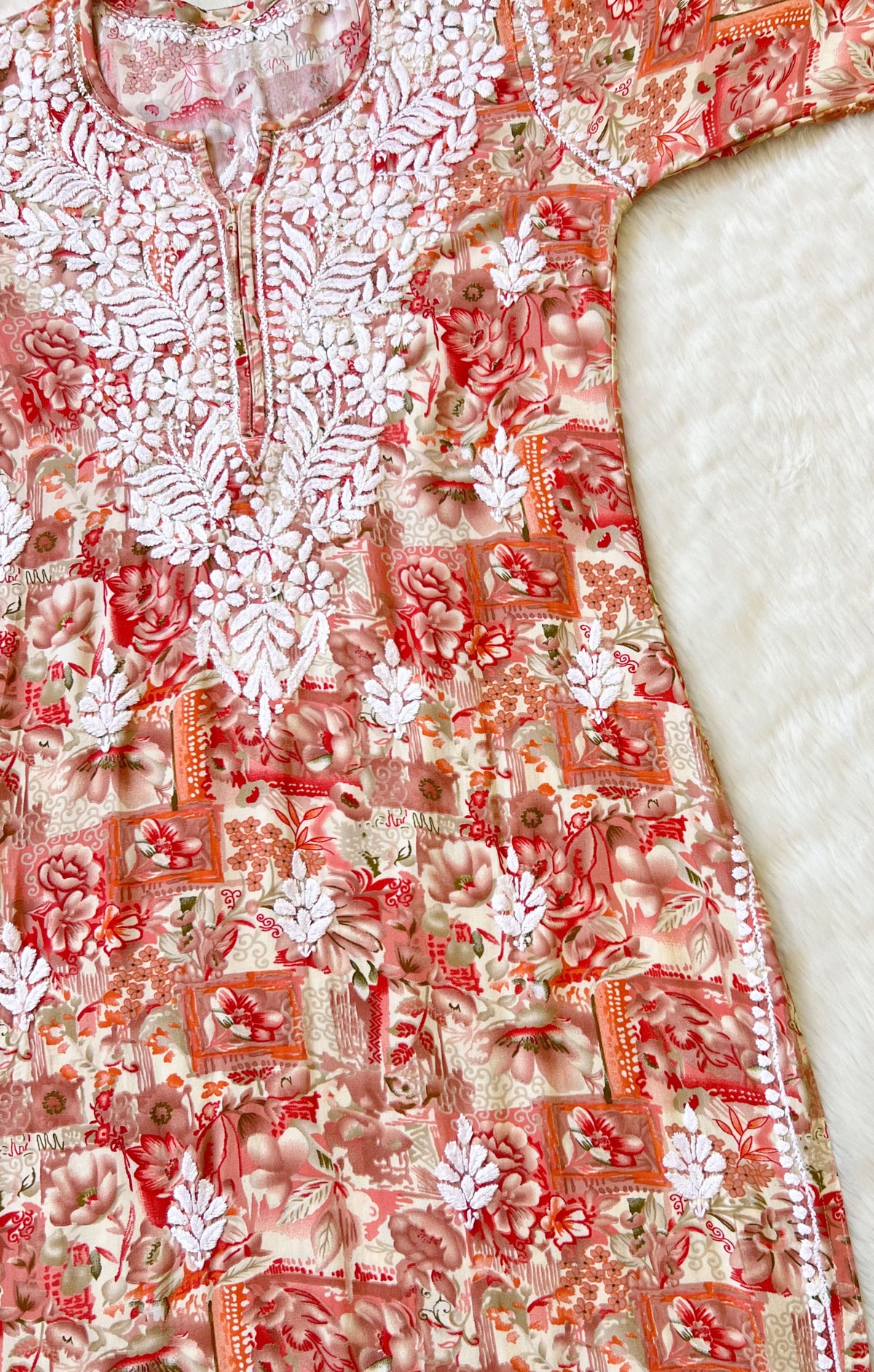 Aiza Pink Printed Rayon Kurta with White Chikankari