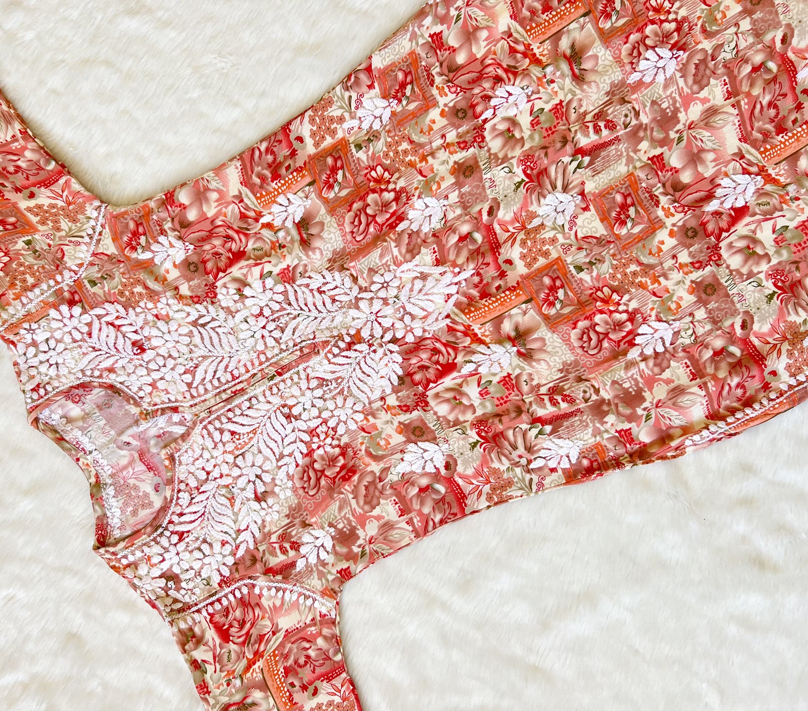 Aiza Pink Printed Rayon Kurta with White Chikankari