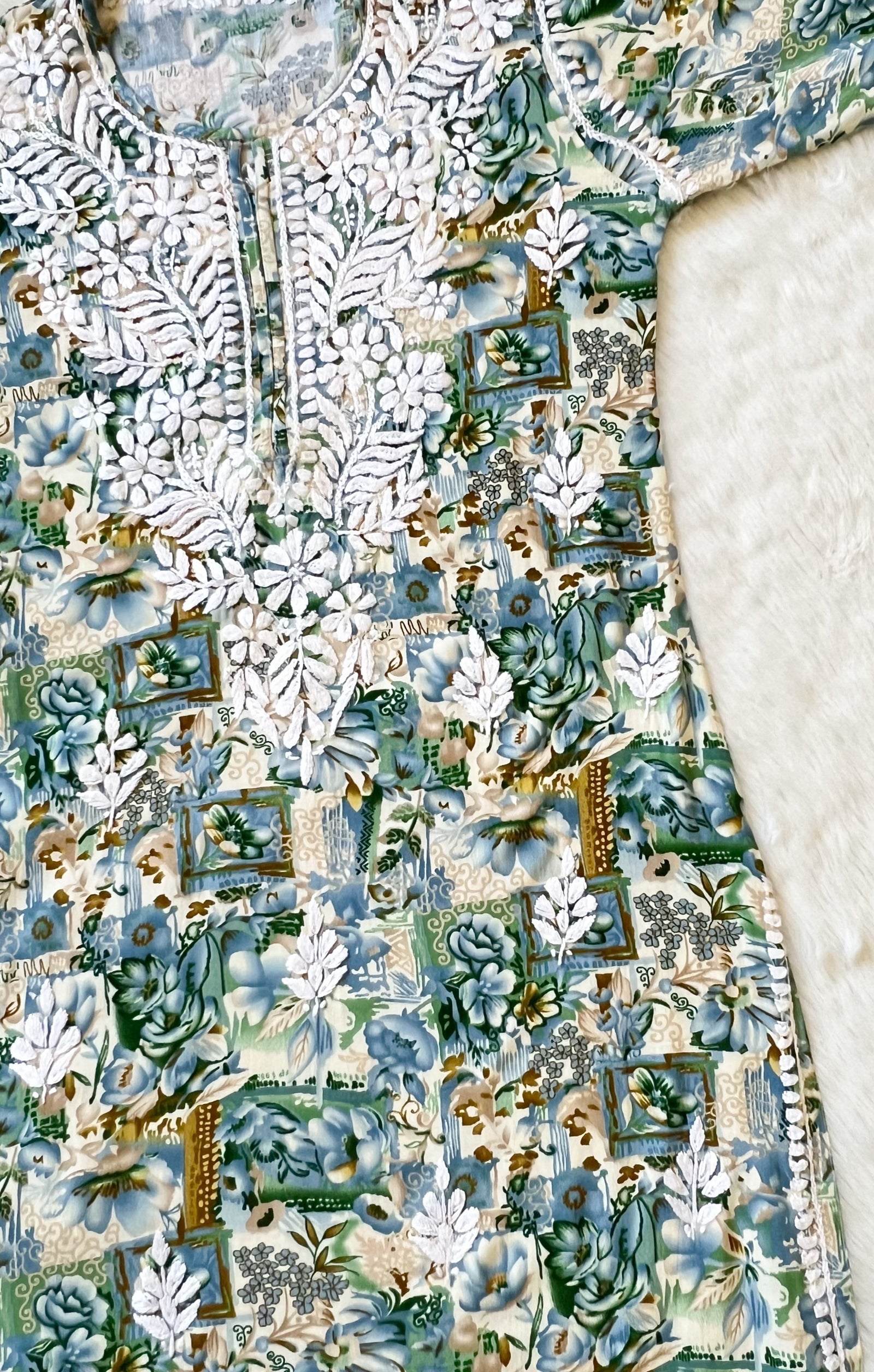 Aiza Teal Printed Rayon Kurta with White Chikankari