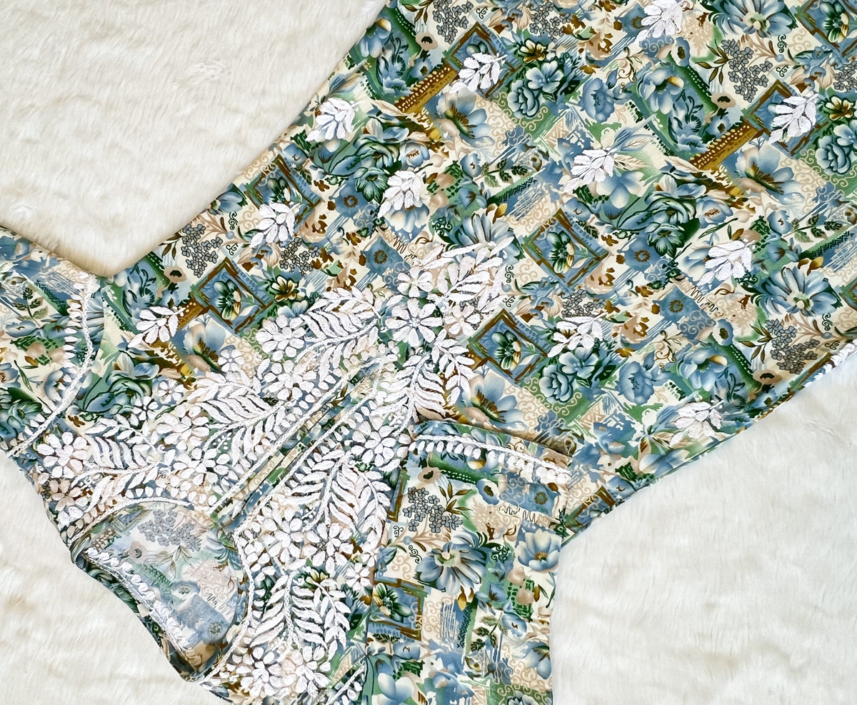 Aiza Teal Printed Rayon Kurta with White Chikankari