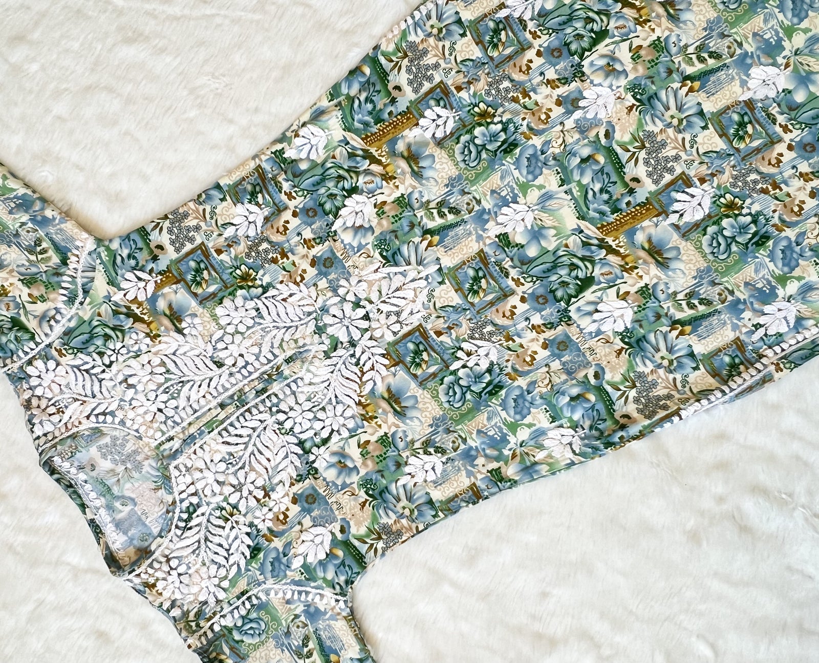 Aiza Teal Printed Rayon Kurta with White Chikankari