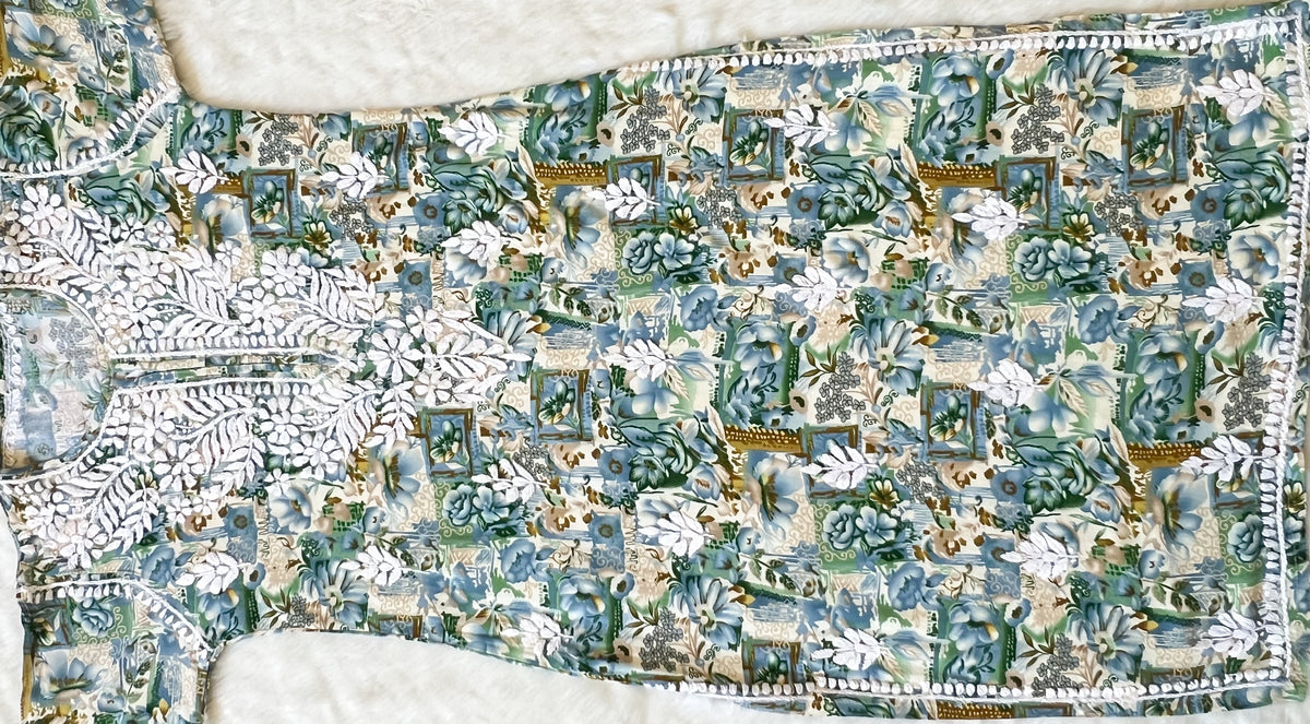 Aiza Teal Printed Rayon Kurta with White Chikankari