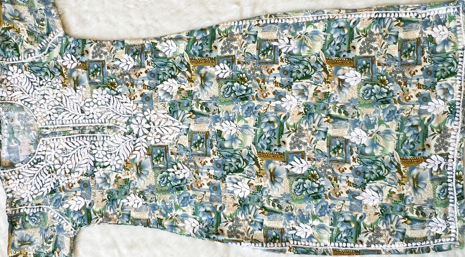 Aiza Teal Printed Rayon Kurta with White Chikankari