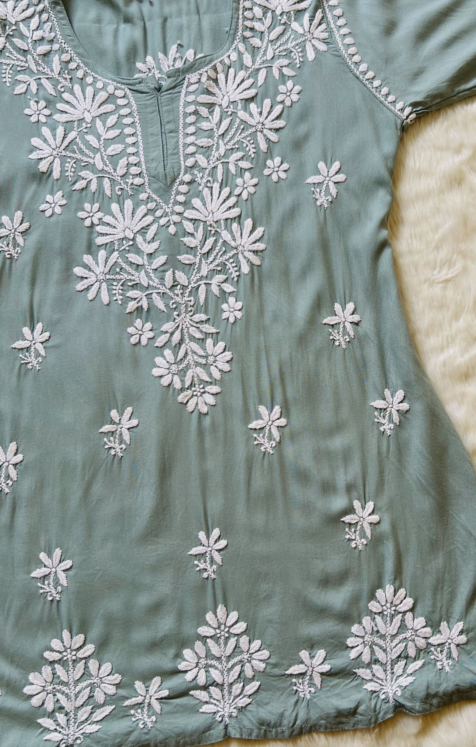 Ash Grey Short Rayon Kurta with White Chikankari